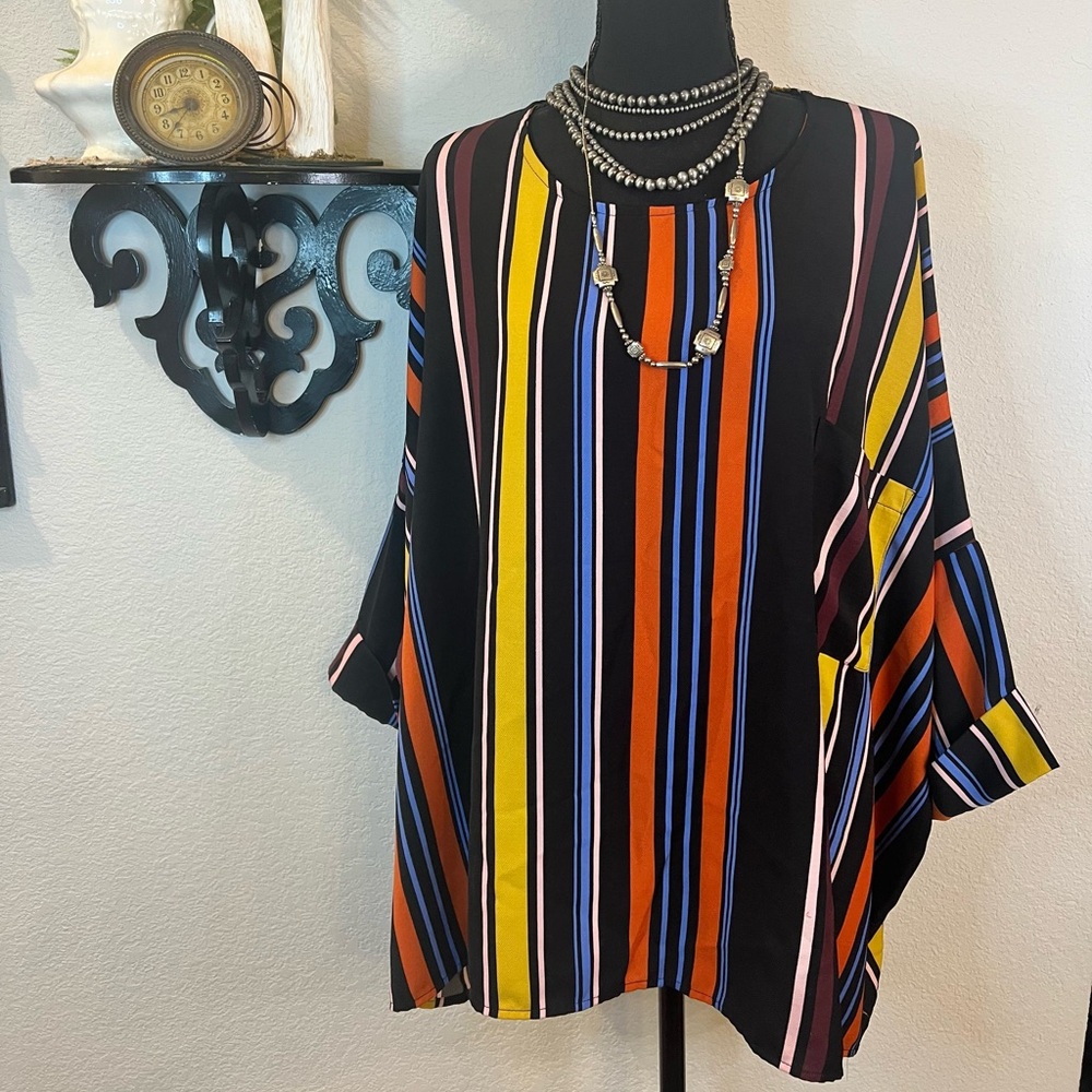 White Birch Black Orange Blue Colorful Stripes Dolman Cuffed Sleeve Blouse Sz XL